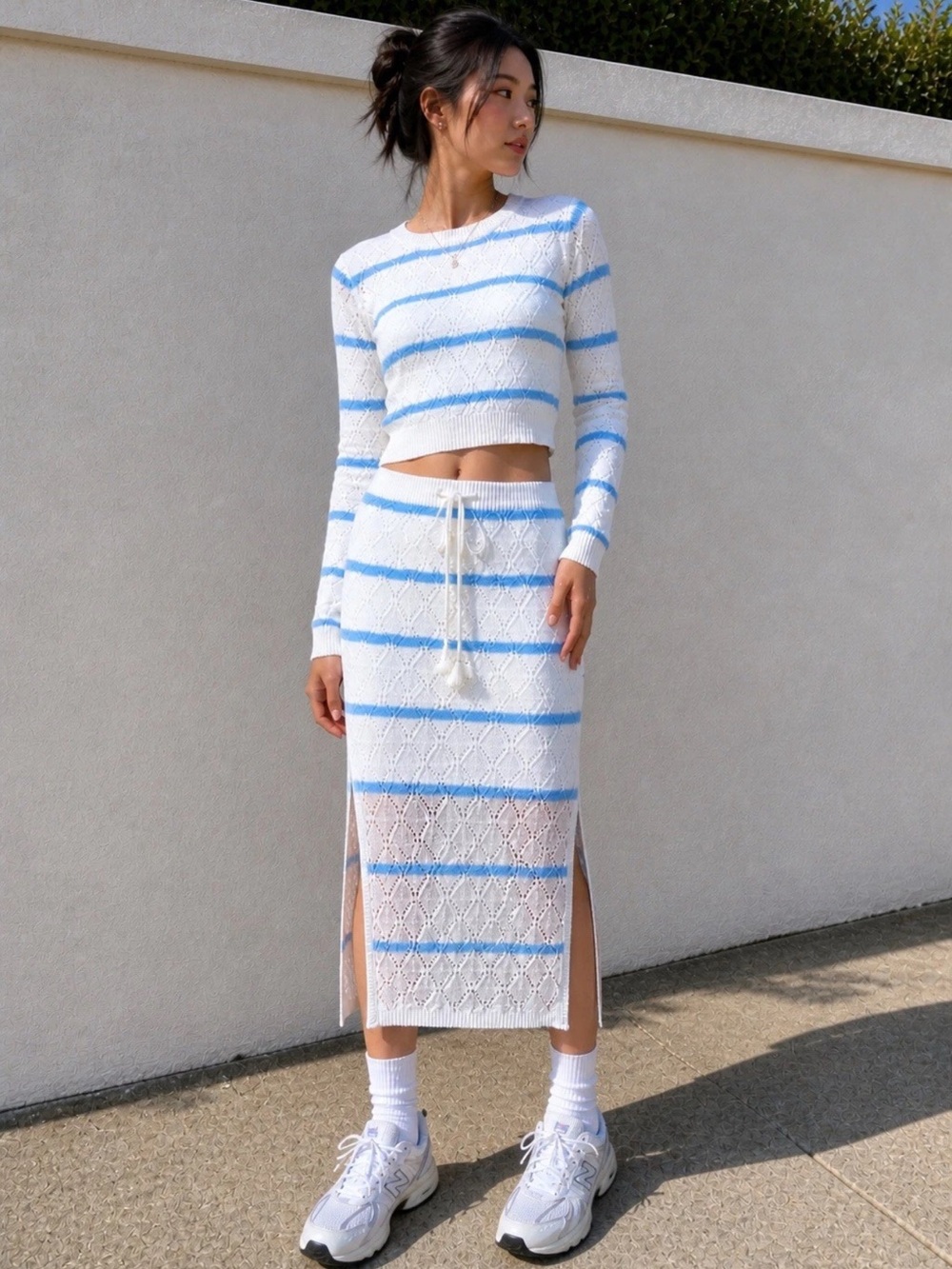 Freshman XS White Blue Striped Knit Crop Sweater Maxi Skirt Set Y2K Co-ord